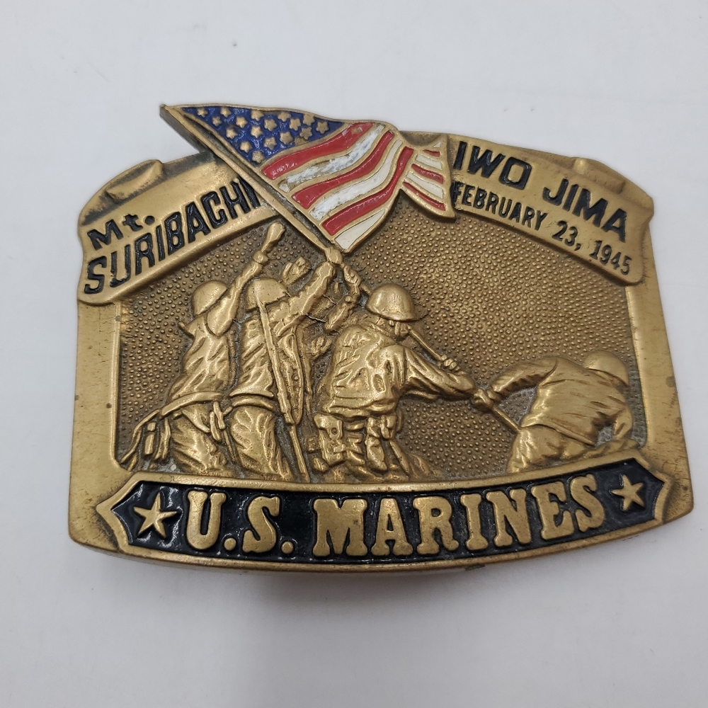 Vintage Belt Buckle Iwo Jima Solid Brass 1982 Baron Buckle